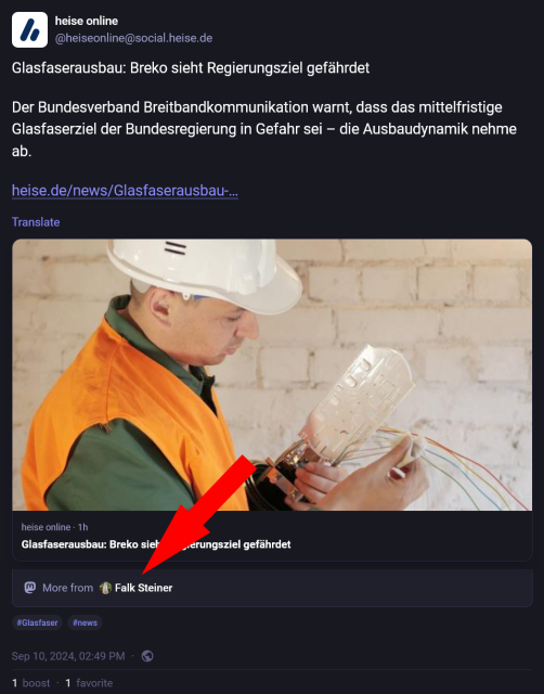 Screenshot eines Mastodon-Posts mit Autoren-Tag.