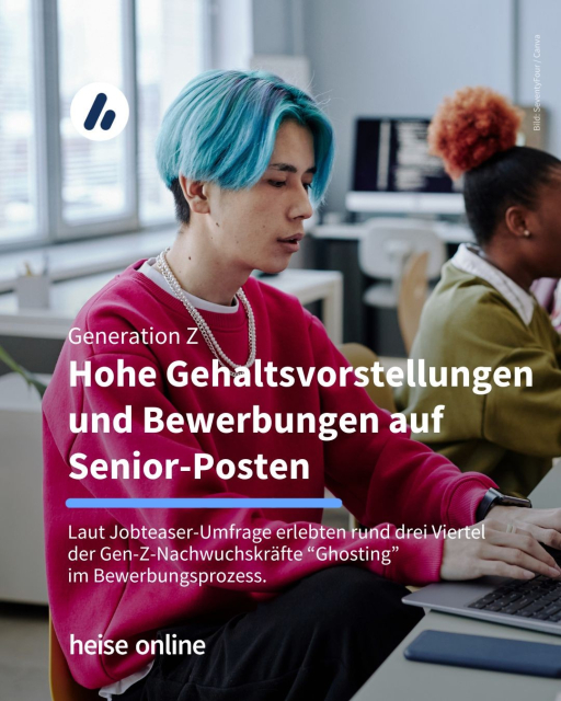 Das Bild zeigt einen jungen Mann an einem Laptop in einem Büro. In der Überschrift steht: "Generation Z
Hohe Gehaltsvorstellungen und Bewerbungen auf Senior-Posten" dadrunter steht: "Laut Jobteaser-Umfrage erlebten rund drei Viertel der Gen-Z-Nachwuchskräfte “Ghosting”
im Bewerbungsprozess."