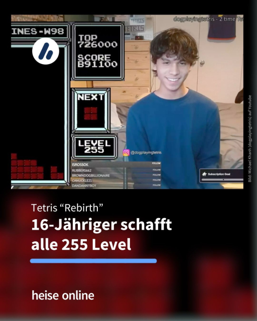 Im Bild sieht man den Streamer Michael "dogplayingtetris" Artiaga während seines Livestreams. In der Überschrift steht: "Tetris 'Rebirth'
16-Jähriger schafft 
alle 255 Level".