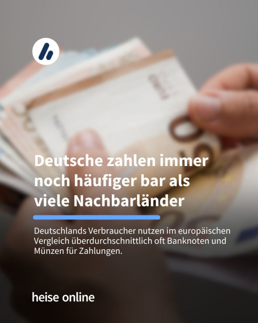 Das Bild zeigt einen Stapel Geldscheine in den Händen einer Person. In der Überschrift steht "Deutsche zahlen immer noch häufiger bar als viele Nachbarländer", darunter steht: "Deutschlands Verbraucher nutzen im europäischen Vergleich überdurchschnittlich oft Banknoten und Münzen für Zahlungen."