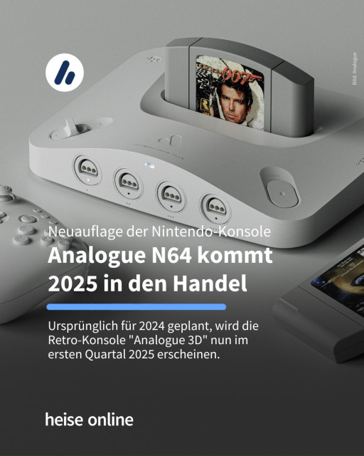 Das Bild zeigt Analoges Nachbau der Nintendo-Konsole N64. In der Überschrift steht "Analogue N64 kommt 2025 in den Handel", darunter steht: "Ursprünglich für 2024 geplant, wird die Retro-Konsole "Analogue 3D" nun im ersten Quartal 2025 erscheinen."