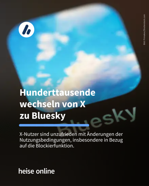 Das Bild zeigt das Logo der Plattform Bluesky. In der Überschrift steht "Hunderttausende wechseln von X zu Bluesky", darunter steht: "X-Nutzer sind unzufrieden mit Änderungen der Nutzungsbedingungen, insbesondere in Bezug 
auf die Blockierfunktion."