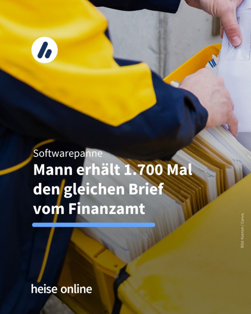 Das Bild zeigt einen Briefträger während der Arbeit. In der Überschrift steht: "Softwarepanne:
Mann erhält 1.700 Mal 
den gleichen Brief vom Finanzamt"