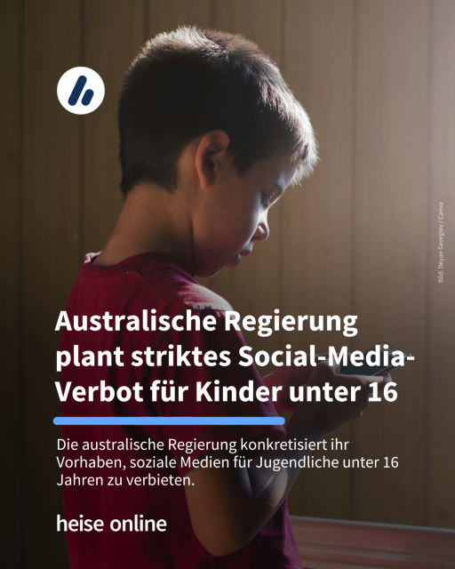 Das Bild zeigt einen Jungen der ein Smartphone in den Händen hält. In der Überschrift steht: "Australische Regierung plant striktes Social-Media-Verbot für Kinder unter 16" dadrunter steht: "Die australische Regierung konkretisiert ihr Vorhaben, soziale Medien für Jugendliche unter 16 Jahren zu verbieten." 