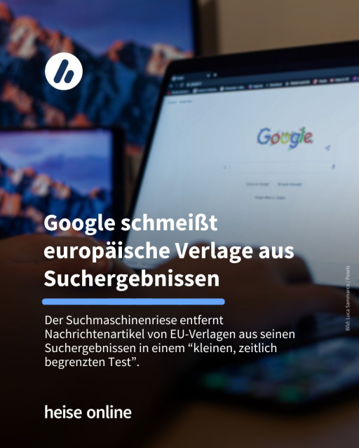 Das Bild zeigt ein Laptop auf dem die Google Suche geöffnet ist. In der Überschrift steht: "Google lässt gegenüber Verlagen in der EU die Muskeln spielen" dadrunter steht: "Suchmaschinenriese entfernt Nachrichtenartikel von EU-Verlagen aus seinen Suchergebnissen in einem "kleinen, zeitlich begrenzten Test"." 