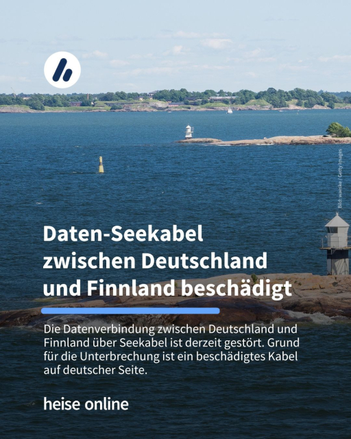 Im Bild sieht man einen finnischen Schärengarten. In der Überschrift steht: Daten-Seekabel 
zwischen Deutschland 
und Finnland beschädigt. Dadrunter steht: "Die Datenverbindung zwischen Deutschland und Finnland über Seekabel ist derzeit gestört. Grund für die Unterbrechung ist ein beschädigtes Kabel auf deutscher Seite."