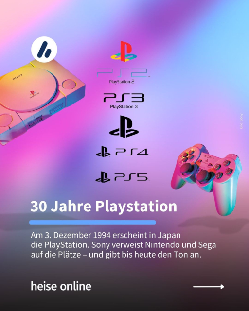 Im Bild sieht man verschiedene Versionen des Playstation Logos aus den letzten 30 Jahren. In der Überschrift steht: "30 Jahre Playstation dadrunter steht": "Am 3. Dezember 1994 erscheint in Japan 
die PlayStation. Sony verweist Nintendo und Sega auf die Plätze – und gibt bis heute den Ton an."