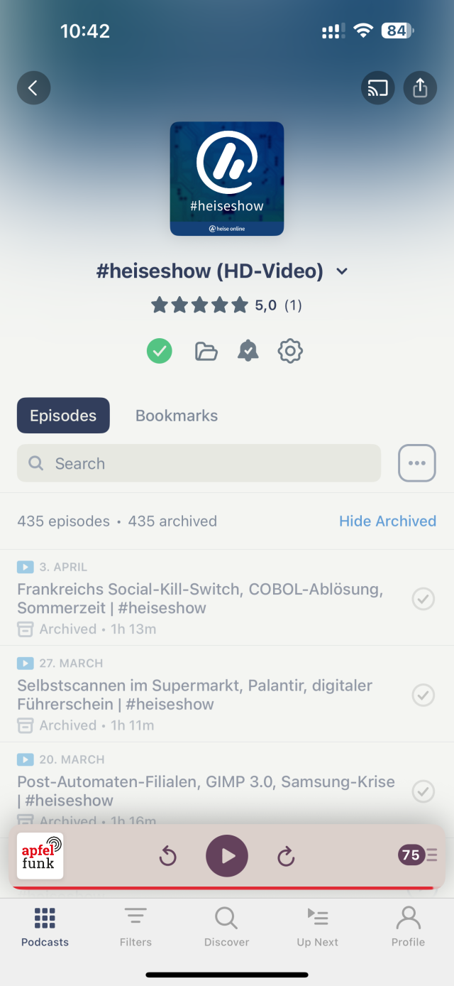 Screenshot Pocket Casts, #heiseshow (HD-Video). Neueste Episode vom 3.4. 