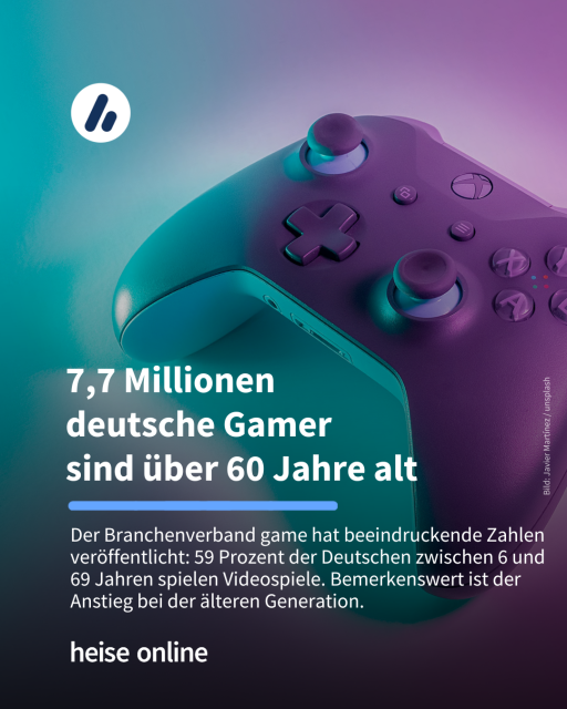 Das Bild zeigt einen Xbox Game Controller. Im Bild steht: "7,7 Millionen 
deutsche Gamer 
sind über 60 Jahre alt." dadrunter steht: "Der Branchenverband game hat beeindruckende Zahlen veröffentlicht: 59 Prozent der Deutschen zwischen 6 und 69 Jahren spielen Videospiele. Bemerkenswert ist der Anstieg bei der älteren Generation."