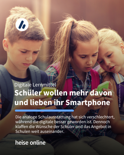 Das Bild Schüler die ein Smartphone in der Hand haben. Im Bild steht: "Digitale Lernmittel 
Schüler wollen mehr davon und lieben ihr Smartphone" dadrunter steht: "Die analoge Schulausstattung hat sich verschlechtert, während die digitale besser geworden ist. Dennoch klaffen die Wünsche der Schüler und das Angebot in Schulen weit auseinander. "