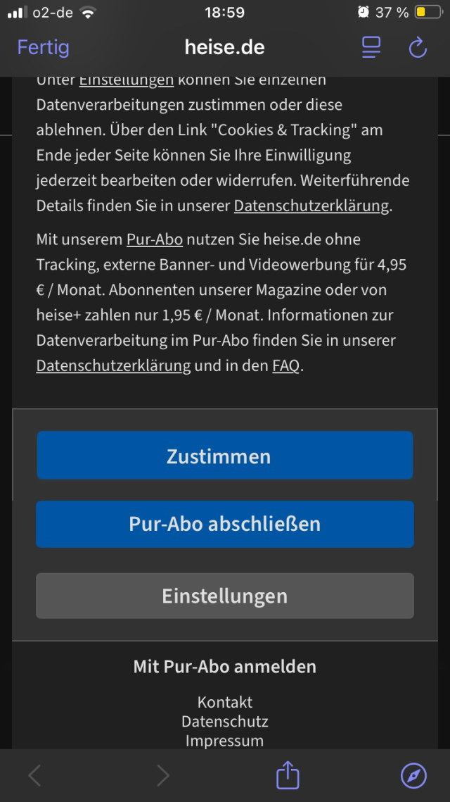 Cookietext mit Schaltflächen Zustimmen, Abo abschließen und Auswählen