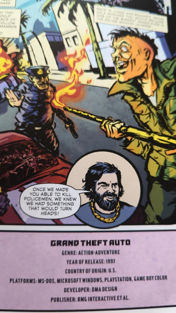 Cartoon-Graik mit einem Polizisten und einem Game-Character, der einen Flammenwerfer hält, darunter gezeichnetes Portreait von Jack Houser und einer Sprechblase "once we made you able to kill policemen, we knew we had something that would turn heads!"
Unten Facts zu Grand Theft Auto