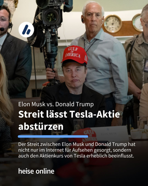 Auf dem Bild ist Elon Musk im Weißen Haus an einem Tisch zu sehen. Im Bild steht: "Elon Musk vs. Donald Trump
Streit lässt Tesla-Aktie abstürzen" dadrunter steht: "Der Streit zwischen Elon Musk und Donald Trump hat nicht nur im Internet für Aufsehen gesorgt, sondern auch den Aktienkurs von Tesla erheblich beeinflusst."