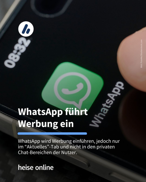 Auf dem Bild ist das Whatsapp-App-Icon zu sehen. Auf dem Bild steht: "WhatsApp führt 
Werbung ein" dadrunter steht: "WhatsApp wird Werbung einführen, jedoch nur 
im “Aktuelles”-Tab und nicht in den privaten
Chat-Bereichen der Nutzer."