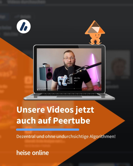 Auf dem Bild sieht man auf einem Monitor ein Standbild von einem c't 3003-Video. Auf dem Bild steht: "Unsere Videos jetzt 
auch auf Peertube" dadrunter steht: "Ohne Werbung und Algorithmen!"