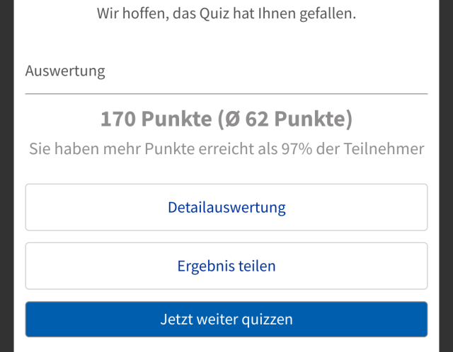 Quiz-Ergebnis: 170 Punkte