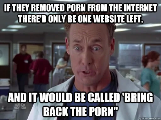 MEME from TV Show Scrubs. Doctor Cox quote: "I'm fairly sure if they took porn off the internet, there'd only be one website left, and it'd be called Bring back the porn!"