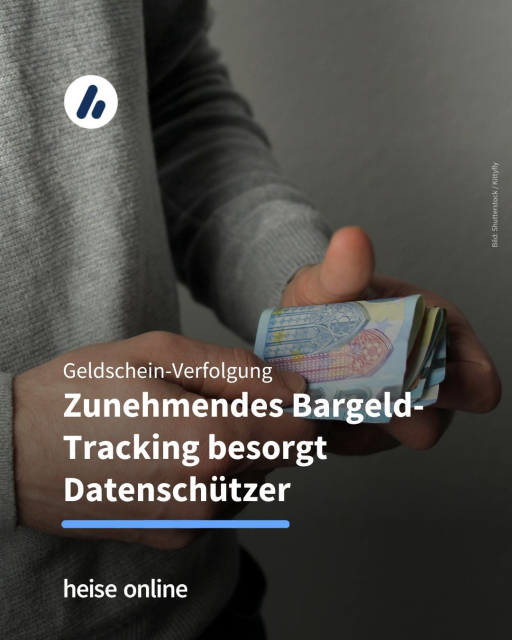 Auf dem Bild ist eine Person mit einem Bündel Bargeld in der Hand zu sehen. Im Bild steht: "Geldschein-Verfolgung
Zunehmendes Bargeld-Tracking besorgt Datenschützer" 