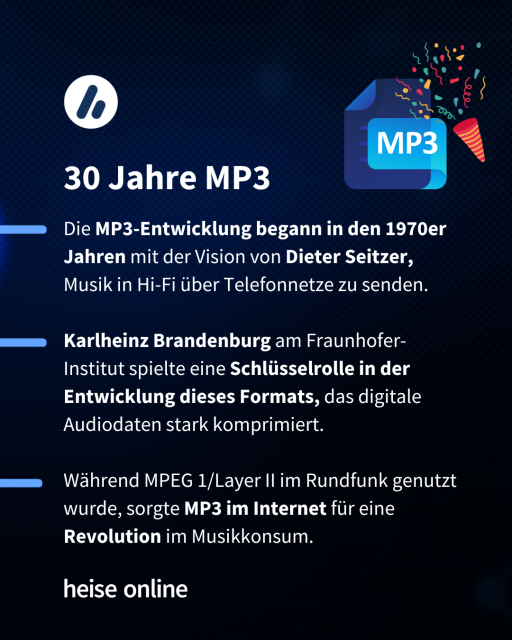 Im Bild steht: "30 Jahre MP3" dadrunter steht: "Die MP3-Entwicklung begann in den 1970er Jahren mit der Vision von Dieter Seitzer, Musik in Hi-Fi über Telefonnetze zu senden.

Karlheinz Brandenburg am Fraunhofer-Institut spielte eine Schlüsselrolle in der Entwicklung dieses Formats, das digitale Audiodaten stark komprimiert. 

Während MPEG 1/Layer II im Rundfunk genutzt wurde, sorgte MP3 im Internet für eine Revolution im Musikkonsum."