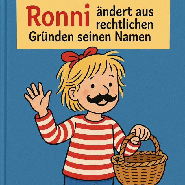 Ein Junge mit einem Mario Schnurrbart, mädchenhaften Haaren und einer roten Schleife, einem rot gestreiften Pullover und einem Korb in der Hand winkt in die Kamera. “Ronni ändert aus rechtlichen Gründen seinen Namen.”