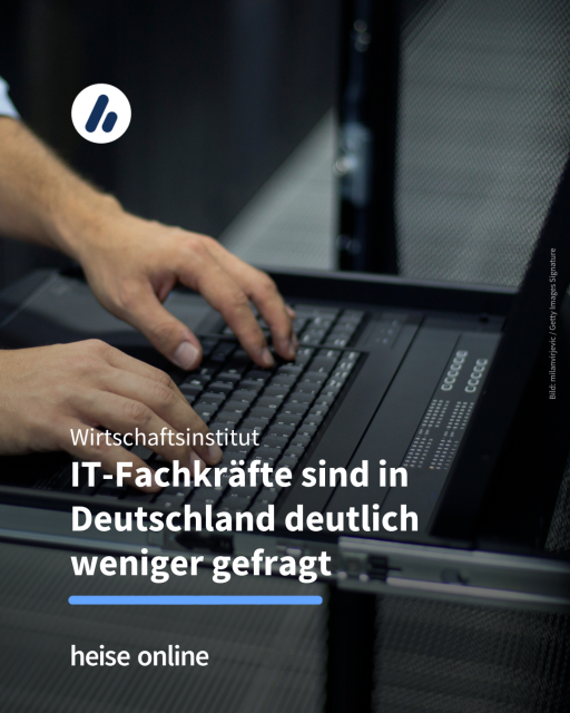 Auf dem Bild sind zwei Hände zu sehen, die an einem Laptop tippen. Im Bild steht: "Wirtschaftsinstitut
IT-Fachkräfte sind in Deutschland deutlich weniger gefragt"
