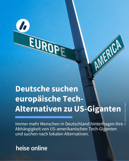 Das Bild zeigt ein Richtungsschild mit der Aufschrift "Europe" und "America". Im Bild steht: "Deutsche suchen europäische Tech-Alternativen zu US-Giganten" dadrunter steht: "Immer mehr Menschen in Deutschland hinterfragen ihre Abhängigkeit von US-amerikanischen Tech-Giganten und suchen nach lokalen Alternativen."