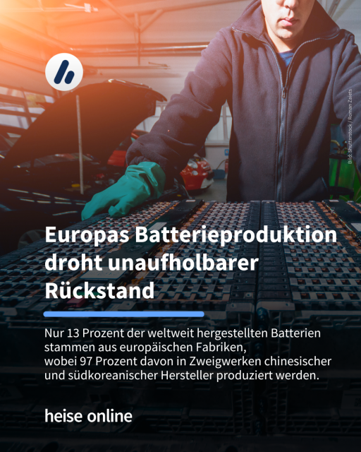 Auf dem Bild ist ein Mann mit Handschuhen in einer Autowerkstatt zu sehen, der an einer Autobatterie arbeitet. Im Bild steht: "Europas Batterieproduktion droht unaufholbarer Rückstand" dadrunter steht: "Nur 13 Prozent der weltweit hergestellten Batterien stammen aus europäischen Fabriken, wobei 
97 Prozent davon in Zweigwerken chinesischer und südkoreanischer Hersteller produziert werden."