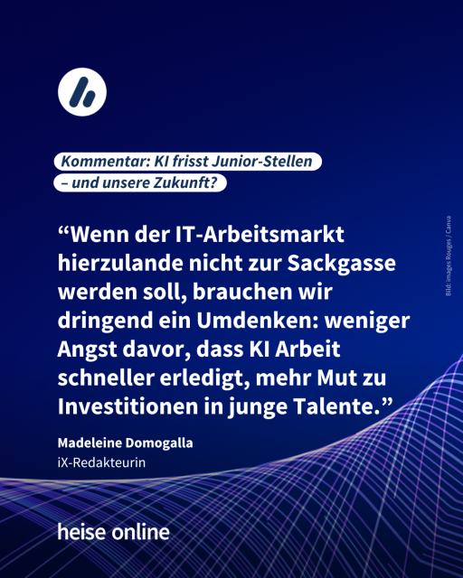 Im Bild steht: "Kommentar: KI frisst Junior-Stellen 
– und unsere Zukunft?" dadrunter steht ein Kommentar von iX-Redakteurin Madeleine Domogalla: "Wenn der IT-Arbeitsmarkt hierzulande nicht zur Sackgasse werden soll, brauchen wir dringend ein Umdenken: weniger Angst davor, dass KI Arbeit schneller erledigt, mehr Mut zu Investitionen in junge Talente.”