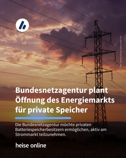 Das Bild zeigt einen Strommast. Im Bild steht: "Bundesnetzagentur plant Öffnung des Energiemarkts für private Speicher" dadrunter steht: "Die Bundesnetzagentur möchte privaten Batteriespeicherbesitzern ermöglichen, aktiv am Strommarkt teilzunehmen."