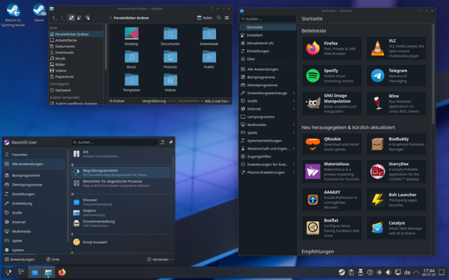 Screenshot des installierten SteamOS-Desktops mit geöffnetem Anwendungsmenü, Dateimanager und Discover-App-Verwaltung.