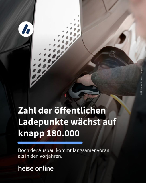 Auf dem Bild ist ein Elektroauto beim Ladevorgang zu sehen. Eine Person hält das Ladekabel in der Hand. Im Bild steht: "Zahl der öffentlichen Ladepunkte wächst auf knapp 180.000" dadrunter steht: "Doch der Ausbau kommt langsamer voran 
als in den Vorjahren."