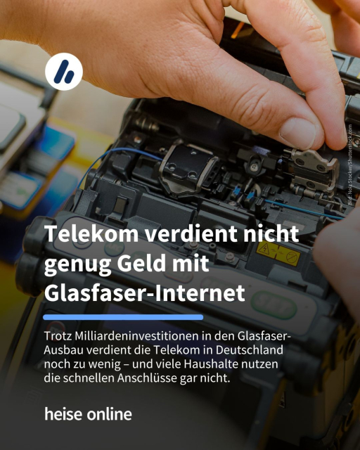 Auf dem Bild sieht man eine Person, die an einem Glasfaserkabel arbeitet. Im Bild steht: "Telekom verdient nicht genug Geld mit 
Glasfaser-Internet" dadrunter steht: "Trotz Milliardeninvestitionen in den Glasfaser-Ausbau verdient die Telekom in Deutschland 
noch zu wenig – und viele Haushalte nutzen 
die schnellen Anschlüsse gar nicht."