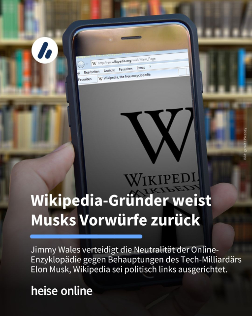Das Bild Wikipedia auf einem Smartphone. Im Bild steht: "Wikipedia-Gründer weist Musks Vorwürfe zurück" dadrunter steht: "Jimmy Wales verteidigt die Neutralität der Online-Enzyklopädie gegen Behauptungen des Tech-Milliardärs Elon Musk, Wikipedia sei politisch links ausgerichtet."