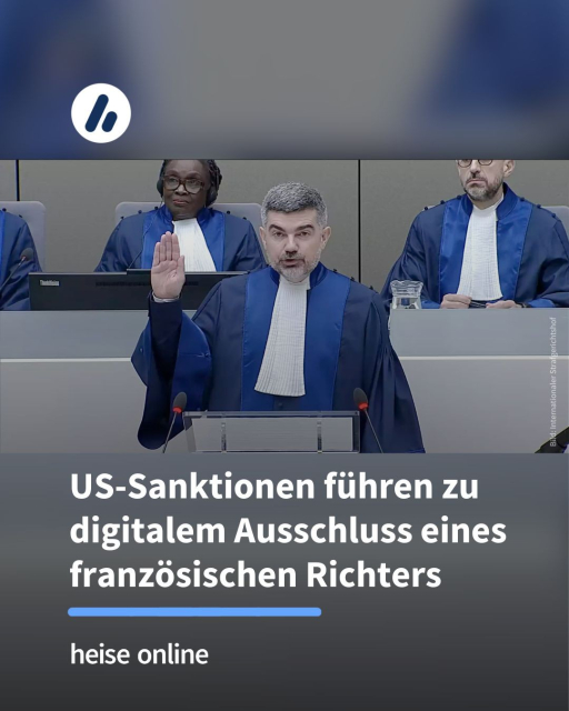 Auf dem Bild ist eine Person in einer Richterrobe zu sehen. Sie hält die Hand in die Luft und steht an einem Rednerpult. Im Bild steht: "US-Sanktionen führen zu digitalem Ausschluss eines französischen Richters"
