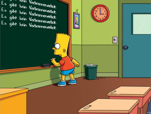 Meme von Bart Simpson an der Tafel der mehrfach schreibt: "Es gibt kein Verbrennerverbot."