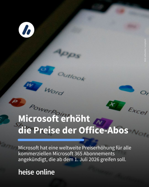 Das Bild zeigt verschiedene Microsoft Office Apps. Im Bild steht: "Microsoft erhöht die Preise der Office-Abos" dadrunter steht: "Microsoft hat eine weltweite Preiserhöhung für alle kommerziellen Microsoft 365 Abonnements angekündigt, die ab dem 1. Juli 2026 greifen soll."