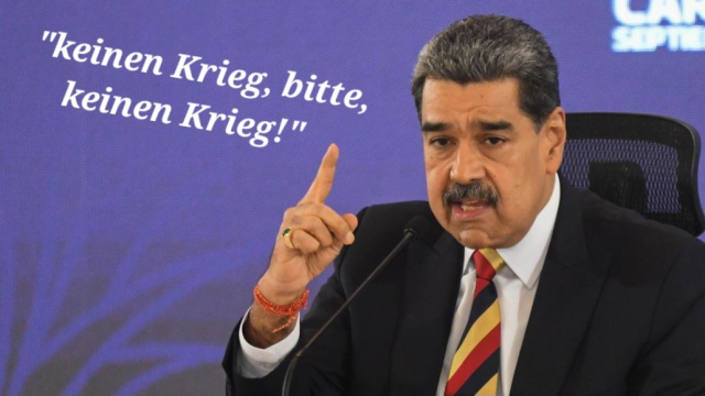Maduro mit erhobenem Zeigefinger, zitat: keinen Krieg, bitte, keinen Krieg. 
