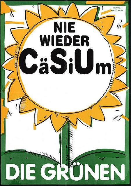 Eine gelb/grün gezeichnete Sonnenblume. Im Blütenkelch steht: Nie wieder

Cä
Si
Um

die Buchstaben C,  S und U sind groß geschrieben und ergeben somit CSU.
Darunter in groß: DIE GRÜNEN