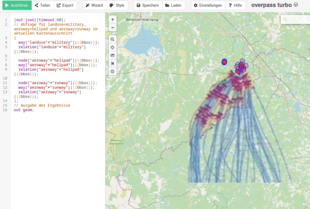 Das Bild zeit einen Screenshot von Overpass-Turbo, einer Schnttstelle zu OpenStreetMap, mit deren Hilfe man nach Objekten mit gewissen Eigentschaften suchen kann. Es wurde folgende Query ausgeführt:

>>>>>
[out:json][timeout:60];
// Abfrage für landuse=military, aeroway=helipad und aeroway=runway im aktuellen Kartenausschnitt
(
  way["landuse"="military"]({{bbox}});
  relation["landuse"="military"]({{bbox}});
  
  node["aeroway"="helipad"]({{bbox}});
  way["aeroway"="helipad"]({{bbox}});
  relation["aeroway"="helipad"]({{bbox}});
  
  node["aeroway"="runway"]({{bbox}});
  way["aeroway"="runway"]({{bbox}});
  relation["aeroway"="runway"]({{bbox}});
);
// Ausgabe der Ergebnisse
out geom;
<<<<<

aktuell (1.1.2026) müsste sie unter der URL

https://overpass-turbo.eu/s/2i6b

zu finden sein. Nach dem Ausführen werden alle militärischen Anlagen sowie Hubschrauberlangeplätze markiert.

Dadurch erkennt man sowohl die Abwehr-Stellungen, Militäreinrichtugnen, aber auch die Lage der Residenz.

Es wird klar, dass vollkommen ununterscheidbar ist, ob die Drohnen auf die Residenz, oder eines der beiden militärischen Sperrgebiete abzielen. Da die Residenz im Zentrum der Anlagen liegt, kann man eine Abwehr-Anlage vermuten.

Es erscheint etwas unplausibel, dass man mit den ukrainischen Drohnen nur die Abwehr-Anlagen, nicht aber das Objekt treffen wollte, das durch diese Abwehranlagen geschützt wird.