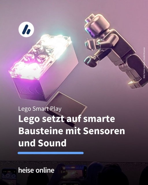 Im Bild sieht man einen smarten Legostein. Im Bild steht: "Lego Smart Play:"
"Lego setzt auf smarte 
Bausteine mit Sensoren 
und Sound"