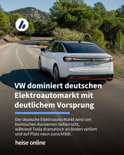 Das Bild zeigt einen VW ID.7. Im Bild steht: "Volkswagen dominiert deutschen Elektroautomarkt mit deutlichem Vorsprung" dadrunter steht: "Der deutsche Elektroauto-Markt wird von heimischen Konzernen beherrscht, während Tesla dramatisch an Boden verliert und auf Platz neun zurückfällt."