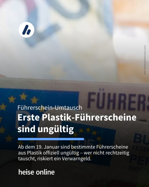 Das Bild zeigt 2 Plastik-Führerscheine. Im Bild steht: "Führerschein-Umtausch
Erste Plastik-Führerscheine sind ungültig" darunter steht: "Ab dem 19. Januar sind bestimmte Führerscheine aus Plastik offiziell ungültig – wer nicht rechtzeitig tauscht, riskiert ein Verwarngeld."